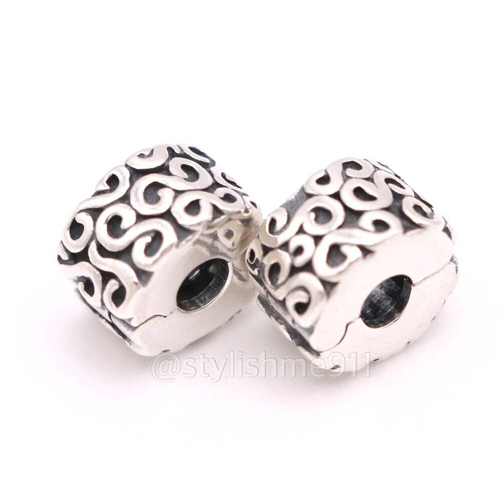 Two Authentic PANDORA Silver Swirls Clips Charms - 790338 - Picture 1 of 11